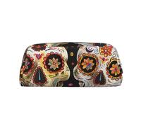AQRJLPO Sugar Skulls Print Leather Pencil Case with Silver Zipper, Multi-Use Cosmetic & Stationery Organizer, Waterproof Desk Storage Pouch for School, Office & Travel Gifts