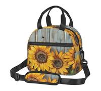 AQRJLPO Sunflowers Wooden Board Printed Insulated Lunch Bag with Shoulder Strap - Reusable Cooler Tote Bags Picnic Bag for Work/School/Picnic/Travel
