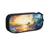 AQRJLPO Sunset Sea Surfing Seascape Prints Pencil Case for Boys Girls Large Capacity Office School Students Stationery Pouch Pencil Holder with 2 Compartments,Black