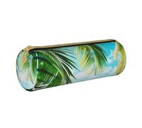 AQRJLPO Tropical Beach Plant Theme Printed Round Pencil Case, Cute Leather Pencil Bag Pen Case Pouch, School Stationery Organizer Makeup Bag for Boys Girls Students