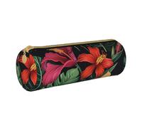 AQRJLPO Tropical Flower Printed Round Pencil Case, Cute Leather Pencil Bag Pen Case Pouch, School Stationery Organizer Makeup Bag for Boys Girls Students