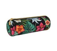 AQRJLPO Tropical Flowers Printed Round Pencil Case, Cute Leather Pencil Bag Pen Case Pouch, School Stationery Organizer Makeup Bag for Boys Girls Students