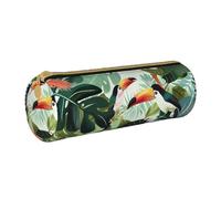 AQRJLPO Tropical Leaves Bird Printed Round Pencil Case, Cute Leather Pencil Bag Pen Case Pouch, School Stationery Organizer Makeup Bag for Boys Girls Students