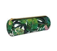 AQRJLPO Tropical Leaves Printed Round Pencil Case, Cute Leather Pencil Bag Pen Case Pouch, School Stationery Organizer Makeup Bag for Boys Girls Students