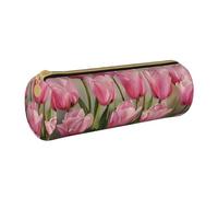 AQRJLPO Tulips Printed Round Pencil Case, Cute Leather Pencil Bag Pen Case Pouch, School Stationery Organizer Makeup Bag for Boys Girls Students