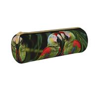 AQRJLPO Two Parrots on Green Palm Tree Printed Round Pencil Case, Cute Leather Pencil Bag Pen Case Pouch, School Stationery Organizer Makeup Bag for Boys Girls Students
