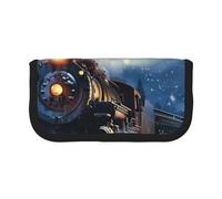 AQRJLPO Winter Christmas Snow Night Railway Train Print Canvas Pencil Case for Boys Girls Women, Cosmetic & Stationery Organizer, Zipper Desk Storage Pouch for School, Office & Travel Gifts