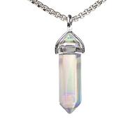 Aqua Aura Clear Quartz Gemstone Hexagonal Pointed Reiki Chakra Chain Necklace 20" High-Grade Iron Gift Box