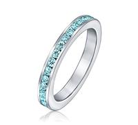 Aqua Blue Cubic Zirconia Stackable CZ Channel Set Eternity Band Ring For Women Simulated Aquamarine .925 Sterling Silver