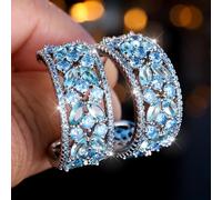 (aqua blue) Delicate Green Cubic Zirconia Stud Earrings Ethnic Style Hollow Flower Earrings Charm Silver Color Wedding Earrings For Women