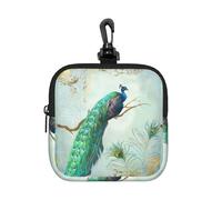 Aqua Blue Elegant Peacock N Feathers Tree Branch, Coin Purse Square Zipper Storage Bag, Change Pouch with Lobster Buckle Clasp Buckle, Change Purse