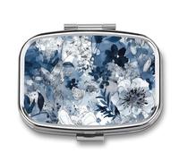 Aqua Blue Floral Pattern Pill Box 2 Compartment, Portable Pill Case with Mirror for Pocket Purse Travel, Mini Metal Medicine Organizer for Vitamins Fish Oil