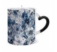 Aqua Blue Floral Print Coffee Mug, Funny Heat Sensitive Ceramic Mug, Color Changing Mug, Customizable, Personalized Magic Mug, Everyday Use