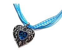 Aqua Blue Gingham Ribbon Choker with Silvertone Heart Pendant Retro Necklace