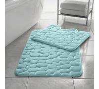 (Aqua Blue) Memory Foam Bath Mat Non- Slip / Toilet Mat Set Pebbles