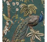 Aqua Blue Peacock Wallpaper Green Woods Floral Design Mulit Birds Feature Wall