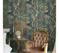 Aqua Blue Peacock Wallpaper Green Woods Floral Design Mulit Birds Feature Wall