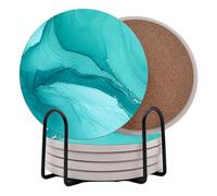 Aqua Blue Teal Marble Round Coasters Set of 6 - Abosrbent Ceramic Coasters with Metal Stand for Drinks, Coffee, Non-Slip Cork Back for Tabletop Protection, 4 Inches Marbled Pattern (Teal)