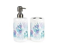 Aqua Bubbles Bathroom Set - Ceramic Soap Dispenser & Toothbrush Holder Gift