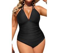 Aqua Eve BeachQueen Women Plus Size One Piece Swimsuit Halter Tummy Control Bathing Suit - Black - 22 Plus