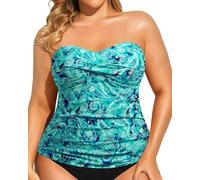 Aqua Eve Plus Size Tankini Top Only Bandeau Swim Top Strapless Swimsuit Top Twist Front Bathing Suit Top No Bottom, Green Paisley, 18 Plus