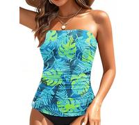 Aqua Eve Strapless Tankini Top Only for Women Bandeau Bathing Suits Ruched Tummy Control Tankini Top No Bottom, Green Leaves, Large