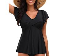 Aqua Eve Tankini Tops for Women Swimwear Ruffle Sleeve Swim Top Flowy Swimsuit Bathing Suit Top No Bottom, Black, Large