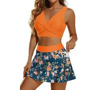 Aqua Eve Two Piece Bikini Skirt Swimsuit - 2 Piece Bathing Suits for Women High Waisted with Pockets 2026 Swimwear, Orange Flowers, XXL