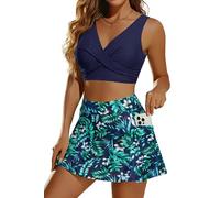 Aqua Eve Two Piece Bikini Skirt Swimsuit - 2 Piece Bathing Suits for Women High Waisted with Pockets 2025 Swimwear, Navy and Leaves, Large