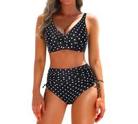 Aqua Eve Women High Waisted Bikini Twist Front Swimsuits Lace up Bikini Tops Ruched Push up 2 Piece Bathing Suits, Black Polka Dot, Medium