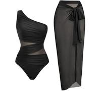Aqua Eve Women Mesh One Piece Swimsuit - Tummy Control One Shoulder Bathing Suit Cut Out Swimwear 2026, Black With Cover Up, Medium