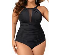 Aqua Eve Women Plus Size One Piece Bathing Suits Ruched Tummy Control Swimsuit High Neck Mesh Swimwear Black 14W