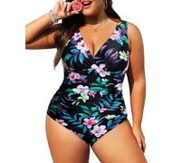 Aqua Eve Women Plus Size One Piece Swimsuits Tummy Control Bathing Suits V Neck Ruched Swimwear, Floral, 14 Plus