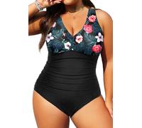 Aqua Eve Women Plus Size One Piece Swimsuits V Neck Tummy Control Bathing Suits Retro Ruched Swimwear Floral XL