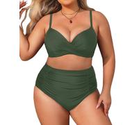 Aqua Eve Women Plus Size Underwire Bikini Two Piece Swimsuit High Waisted Tummy Control Bathing Suit, Army Green, 22 Plus