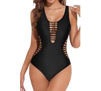 Aqua Eve Women Sexy One Piece Swimsuits Plunge Deep V Neck Cutout Bathing Suits, Black, Medium