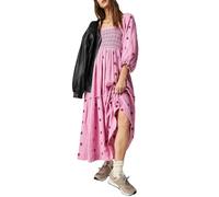 Aqua Eve Women's 3D Floral Embroidered Maxi Dress Puff Sleeve Square Neck Tiered Flowy A-line Dress (M,Pink)