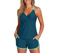 Aqua Eve Womens Tankini with Shorts - Two Piece Tummy Control Swimsuit Athletic Bathing Suit with Pockets 2025 Swimwear, Teal and Green, Large