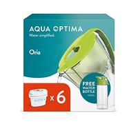 Aqua Optima Oria Water Filter Jug & 6 x 30 Day Evolve+ Filter Cartridge, 2.8 Litre Capacity, and 550ml Water Bottle, for Reduction of Microplastics, Chlorine, Limescale and Impurities, Green