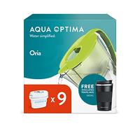Aqua Optima Oria Water Filter Jug & 9 x 30 Day Evolve+ Filter Cartridge, 2.8 Litre Capacity, and 380ml Travel Mug, for Reduction of Microplastics, Chlorine, Limescale and Impurities, Green
