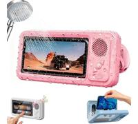 Aqua Play Shower Phone Holder with Speaker - Waterproof Phone Holders,360° Rotation Viewable Shower Phone Case Holder,Easy Install, No Drill Install, For Shower, Kitchen (Pink)