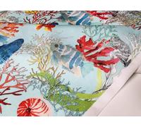 Aqua Sea World Coral Reef Fabric - Cotton Material for Curtains, Cushion & Home Decor, Upholstery - Marine Teal with Seahorse, Shells, and Red Corals - 140cm Wide (1 Metre)