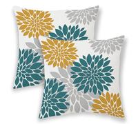 Aqua Teal Mustard Yellow Summer Outdoor Pillow Covers 18x18 Inch 2 Pcs, Geometric Elegant Dahlia Floral Decorative Throw Pillows, Grey Flower Decor Pillowcase Linen Cushion Cover for Car Couch