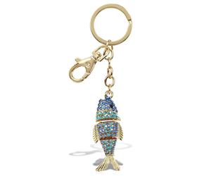 Aqua79 Fish Keychain - Shades of Blue Sparkling Rhinestones Charm, Fashionable Stylish Polyester PU Ocean Life Gold Key Ring Bling Jewelry Accessory with Clasp For Key Chain, Bag, Purse & Backpack,