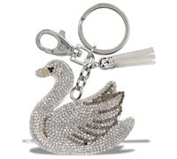 Aqua79 Swan Keychain - Silver Sparkling Rhinestones Charm with Tassel, Fashionable Stylish Polyester PU Bird Wild Life Key Ring Bling Jewelry Accessory with Clasp For Key Chain, Bag, Purse & Backpack