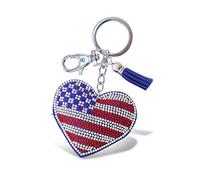 Aqua79 USA Flag Heart Keychain - Sparkling Rhinestones Charm with Tassel, Fashionable Stylish Polyester PU Flag Key Ring Bling Crystal Jewelry Accessory Clasp For Keychain, Multicolor, One Size
