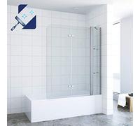 AQUABATOS® 130 x 140 cm Shower Screen for Bathtub Folding Wall with Fixed Part and Corner Shelves Made of 5 mm Real Glass Nano Coating, 130 cm Wide 140 cm Height Foldable Shower Screen Glass Bath