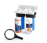 Aquaboon 2-Stage Whole House Water Filtration System with 5 Micron 10x4.5 Reducing Sediment and KDF Heavy Metals Water Filter Purification Cartrige, Pressure Gauges, Wrench, Bracket