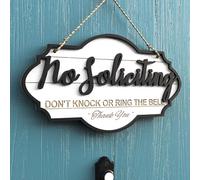 AquaChase 13"x7" No Soliciting Sign for Front Door, Rustic Wooden Hanging Plaque for Business & Store, Embossed Letters, Bold & Effective Message to Keep Solicitors Away (White)