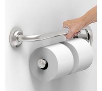 AquaChase Grab Bar with Integrated Toilet Paper Holder for 2 Mega Rolls (Kitchen Paper Towel Holder or Bathroom Towel Bar), 16in Stud Mount, 250lbs Weight Support, Rustproof, Brushed Nickel, Right